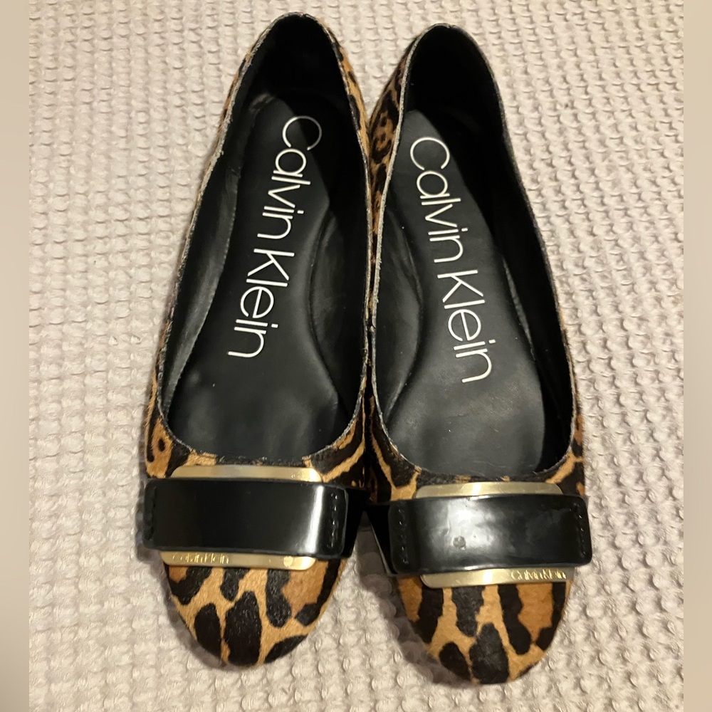 Calvin Klein Oneta Leopard Print Calf Hair Leather Embellished Ballet Flats